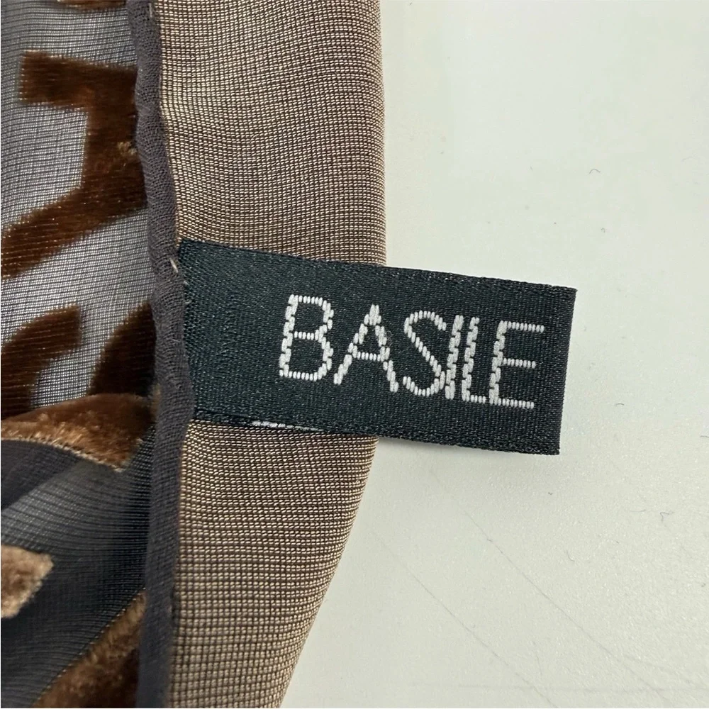 BASILE Scarf Silk Blend Velvet Burnout Brown Chevron Logo Wrap 17 x 60